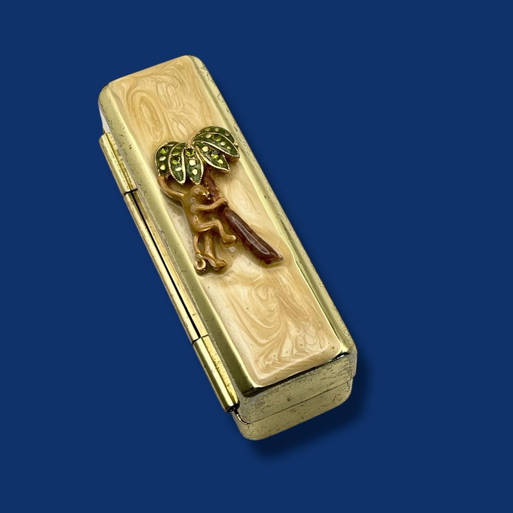 Estate Vintage Gold Tone Mirrored Lipstick Holder Monkey Climbing a Palm Tree